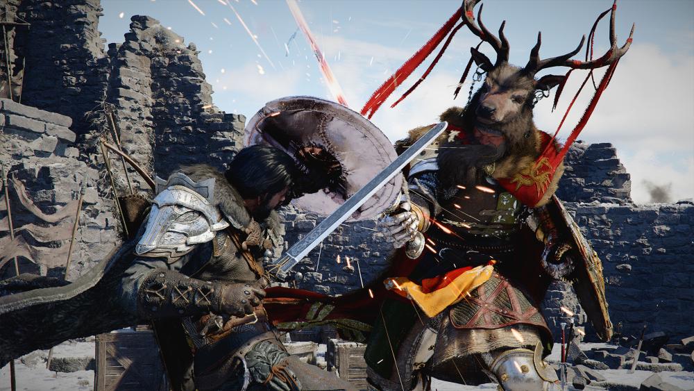Intense sword fight showing fast-paced combat in Crimson Desert