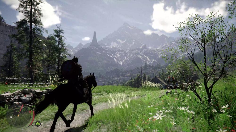 Open world landscape with mountains and rider exploring path