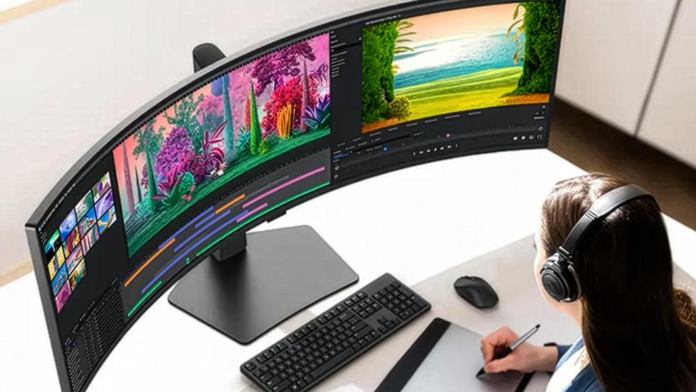 Creative editing on large curved 4K monitor