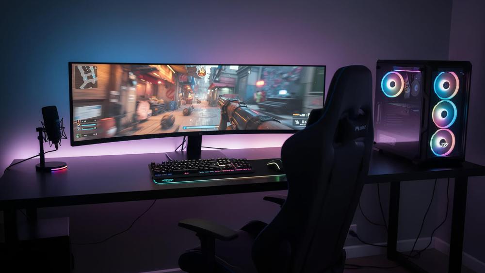 Ultrawide curved gaming monitor setup with RGB PC
