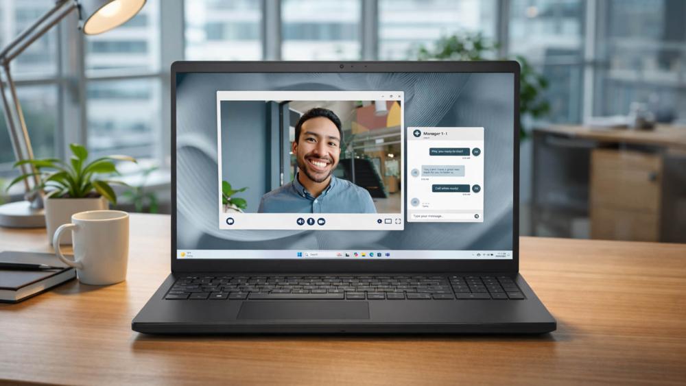 Dell Pro 15 Essential laptop showing video meeting for hybrid work