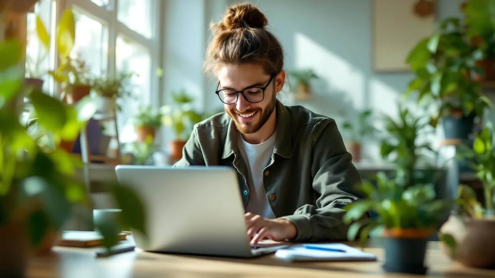 Man using a laptop in a bright room filled with plants