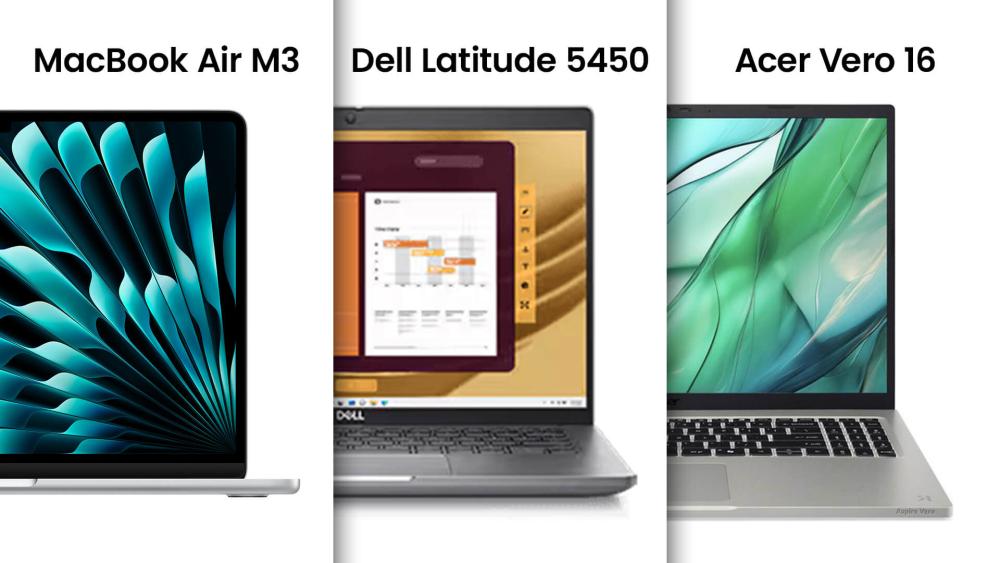 Eco friendly laptops lineup: MacBook Air M3, Dell Latitude 5450, and Acer Vero 16