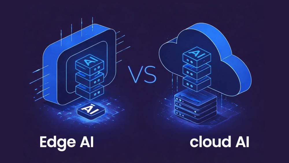 Illustration comparing Edge AI and Cloud AI architectures, showing local device processing versus cloud-based AI servers.