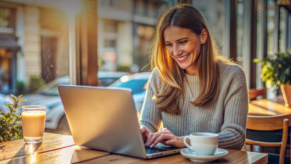 Woman using her laptop efficiently while working in a café