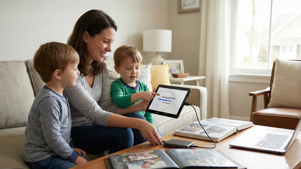 Parent and children backing up photos on a tablet at home