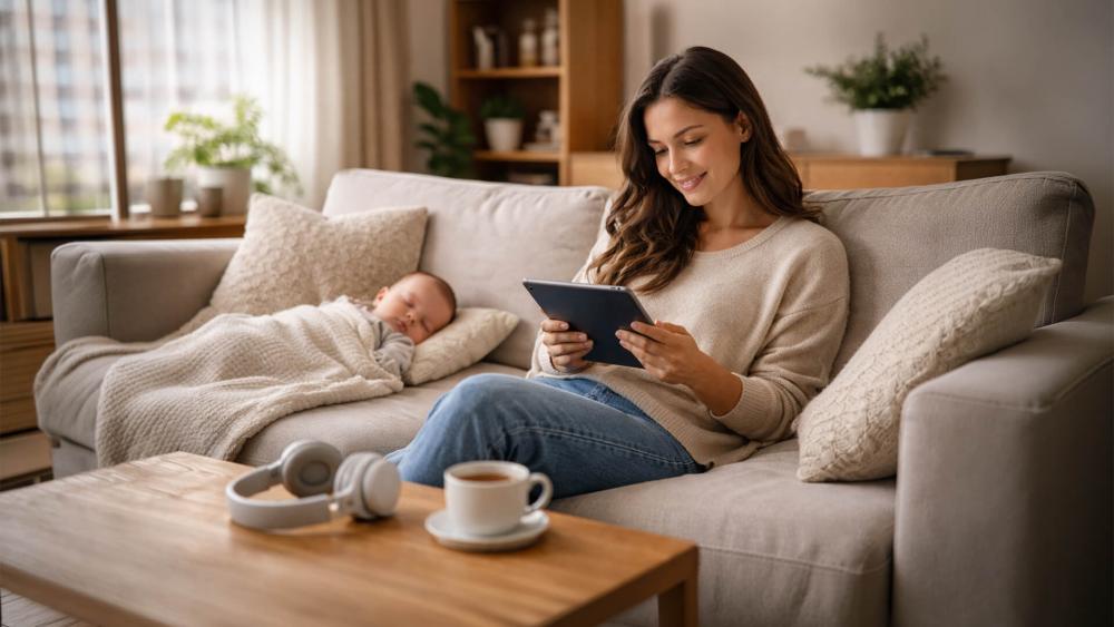 First-time mum relaxing on a sofa using a tablet while her baby sleeps beside her at home.