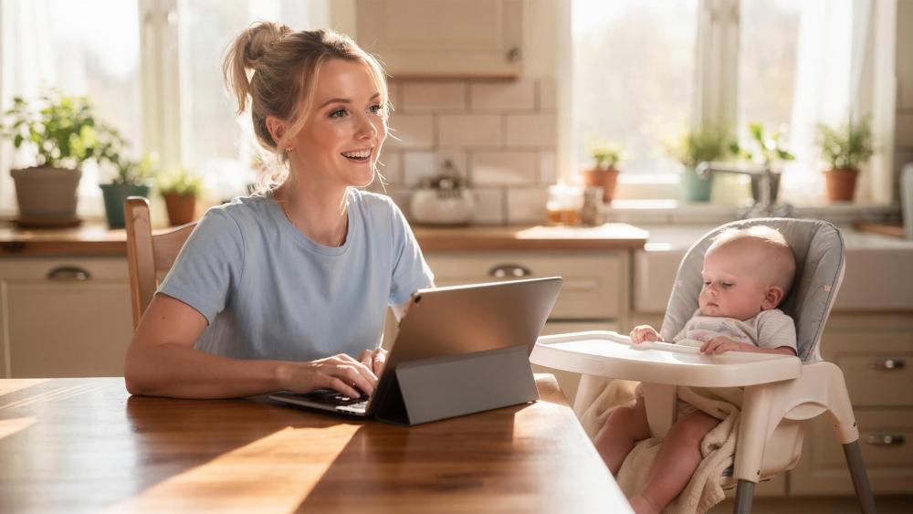 First-time mum using a tablet at the kitchen table while her baby sits in a high chair beside her at home.