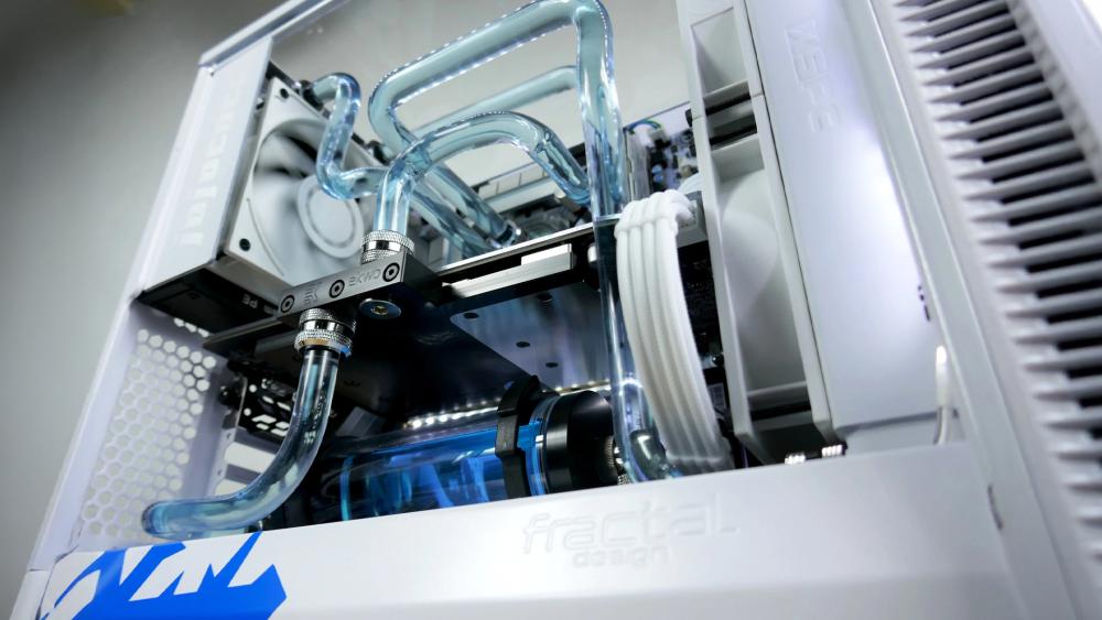 Close-up of Fractal PC with custom liquid cooling tubes