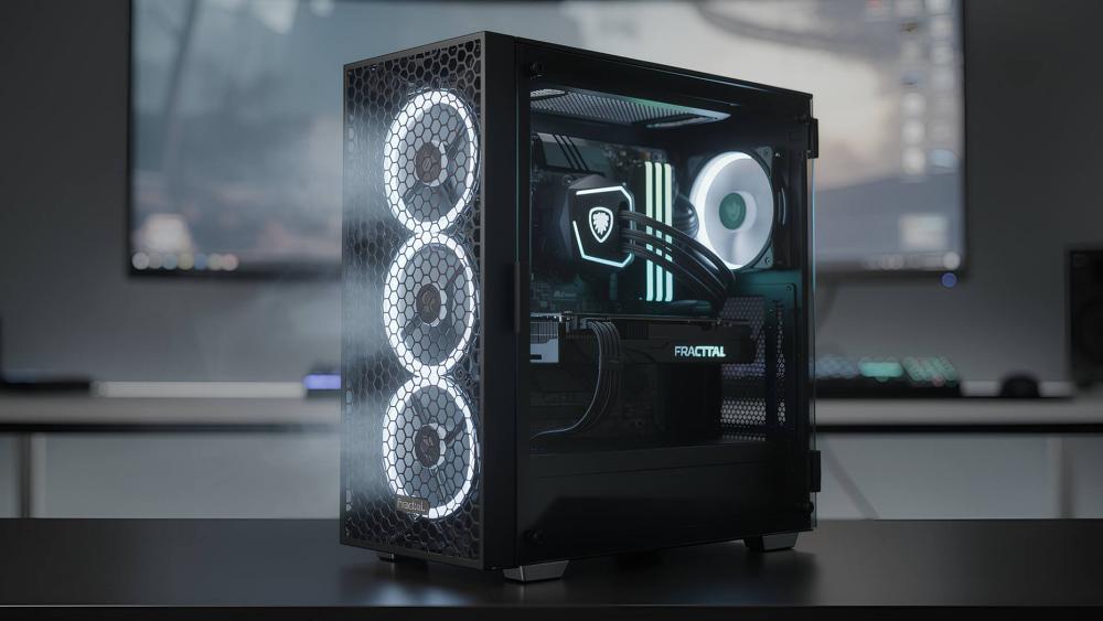 Fractal Design Meshify case with mesh front panel and three RGB cooling fans for high airflow gaming builds