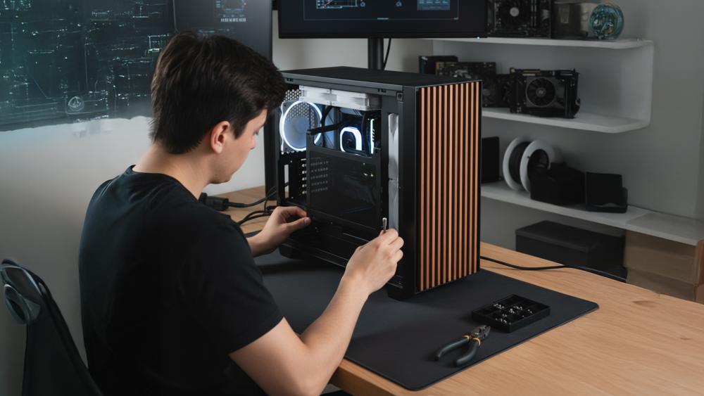 Builder fixing Fractal North side panel alignment during PC build