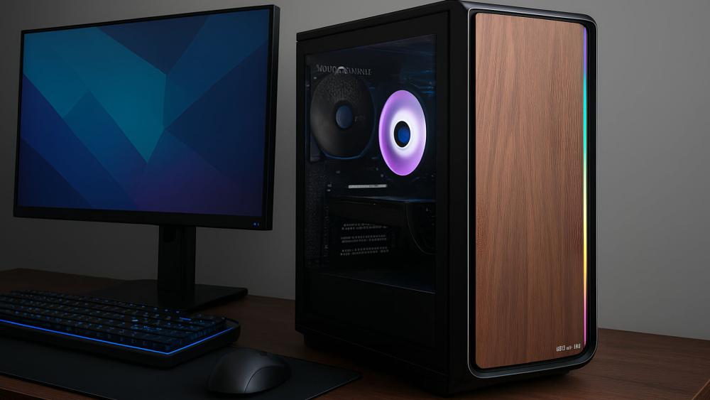 Fractal North case with wood front panel in a desk setup