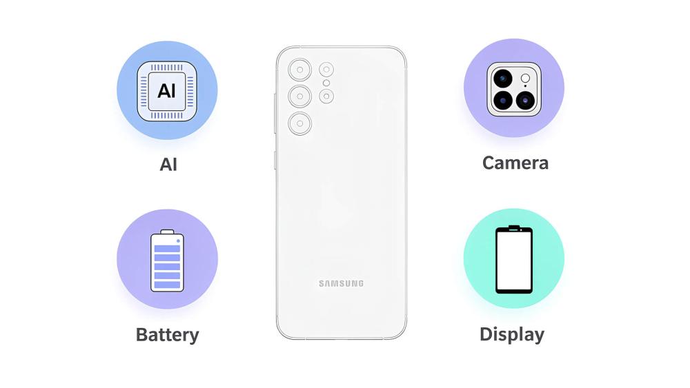 Galaxy S26 feature icons for AI, camera, battery