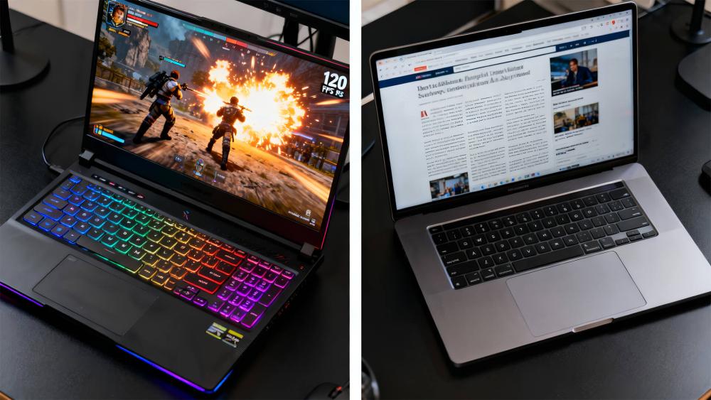 Side-by-side comparison of a gaming laptop and a regular laptop, showing differences that affect gaming laptop longevity.