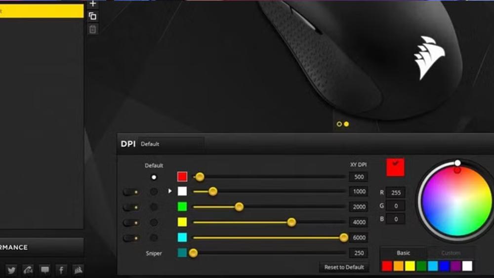 Gaming mouse DPI and sensitivity settings interface