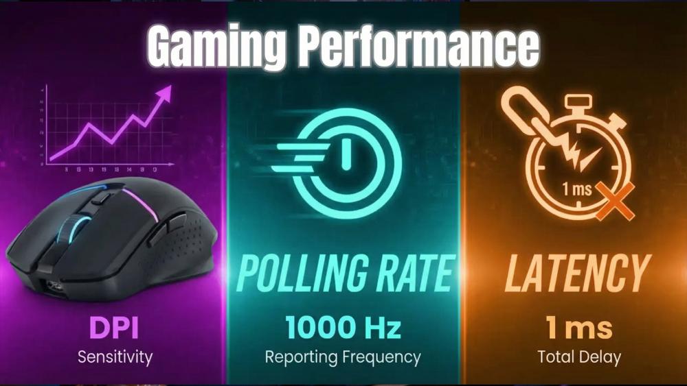 Gaming mouse performance showing DPI polling rate and latency
