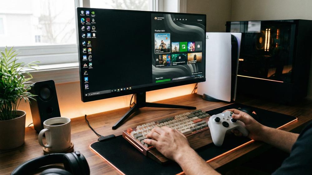 Gaming setup with PC, console and monitor ready for new games