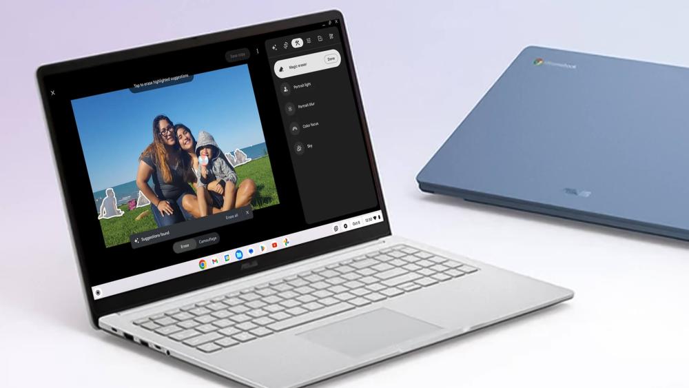 Magic Editor tools on an Asus Chromebook adjusting a photo