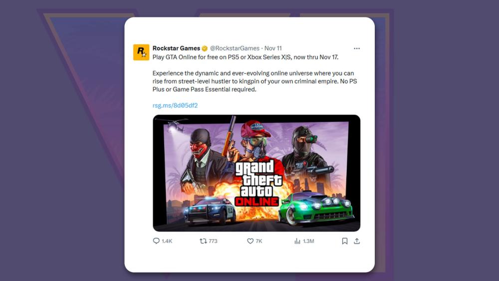 Rockstar Games tweet announcing GTA Online free trial