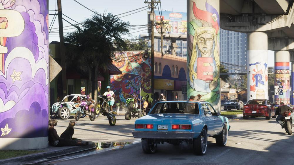 Colourful GTA 6 street scene with customised cars and bikes