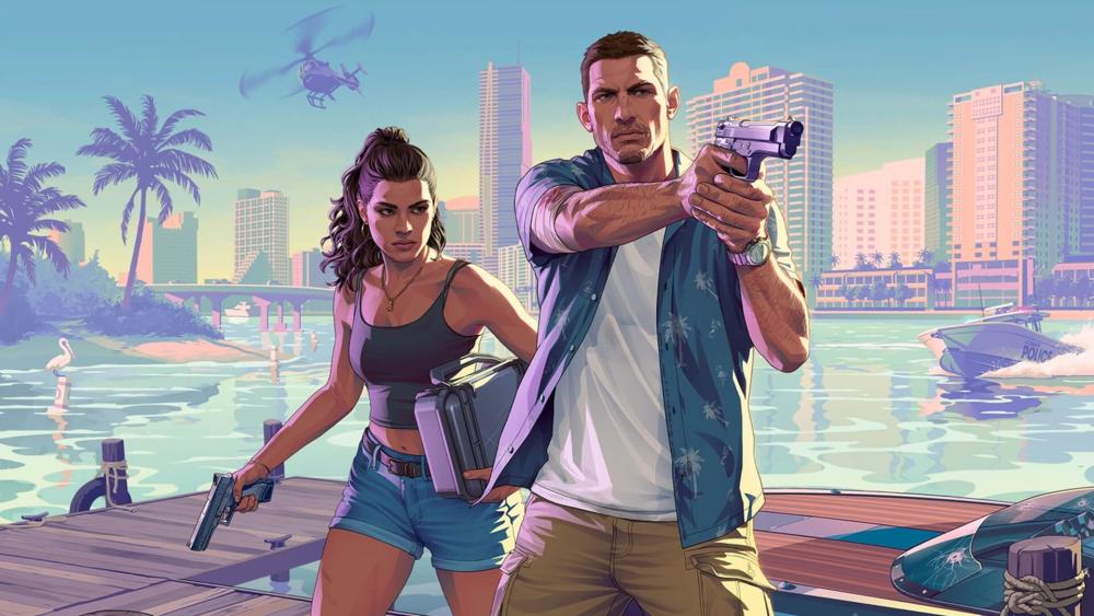 GTA 6 protagonists Jason and Lucia in action scene by the docks