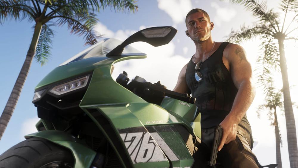 GTA 6 character on a motorbike in a detailed gameplay scene