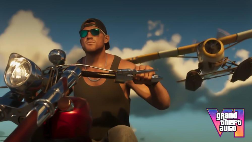GTA 6 trailer shot of a biker with a seaplane overhead