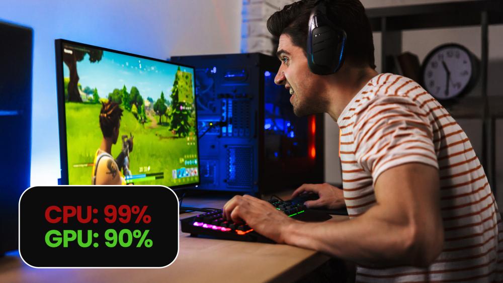 Gamer playing on PC showing high CPU and GPU usage