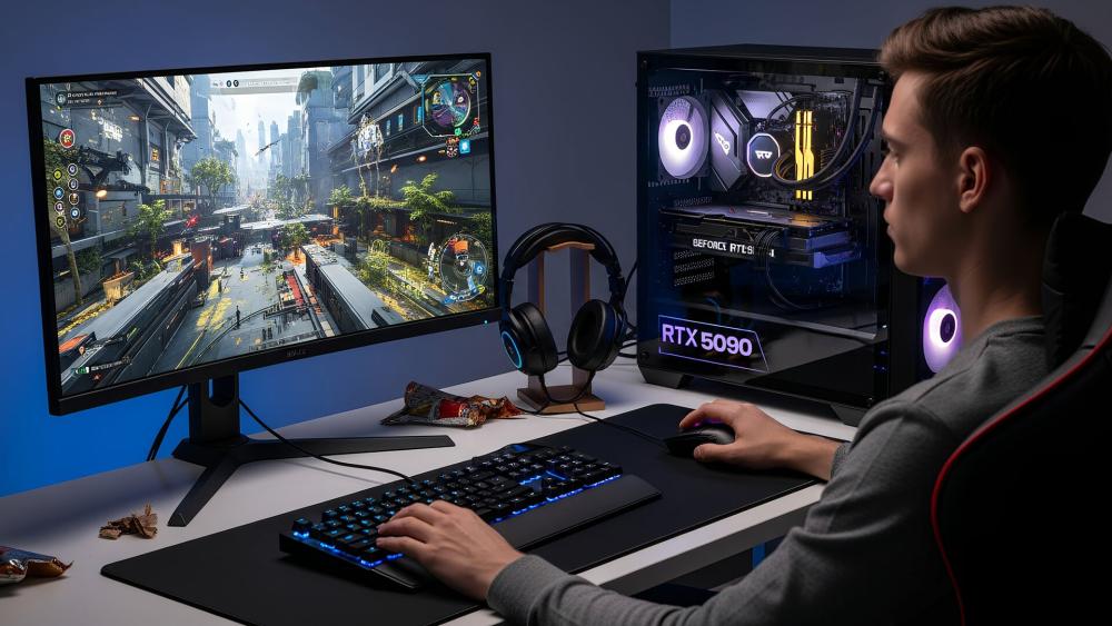 Gamer playing a modern AAA game on a high-end desktop PC with an RTX 5090 graphics card and widescreen monitor