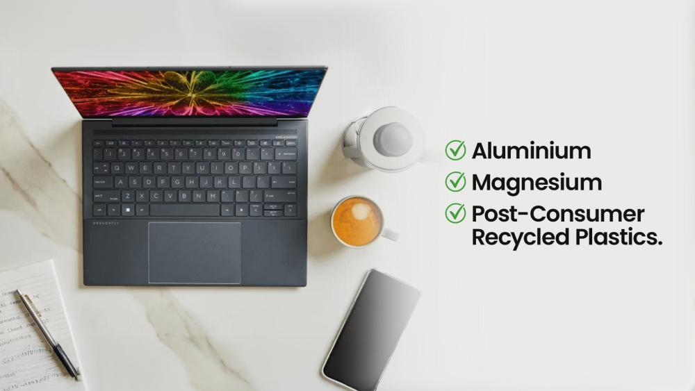 HP laptop made with recycled materials on a modern work desk