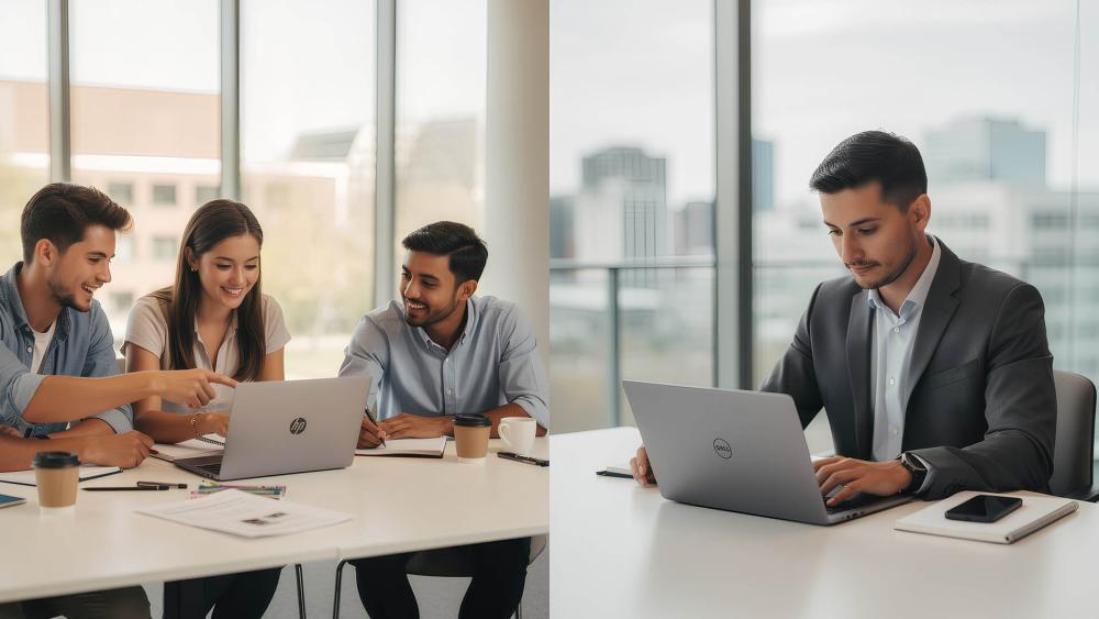 Office comparison showing a team collaborating on an HP laptop and a professional working on a Dell laptop in a modern workspace.