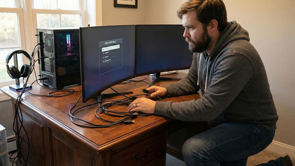 User checking monitor input source while reconnecting display cables