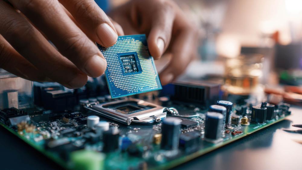 Close-up of installing a CPU processor into a motherboard socket during a desktop PC build or upgrade.