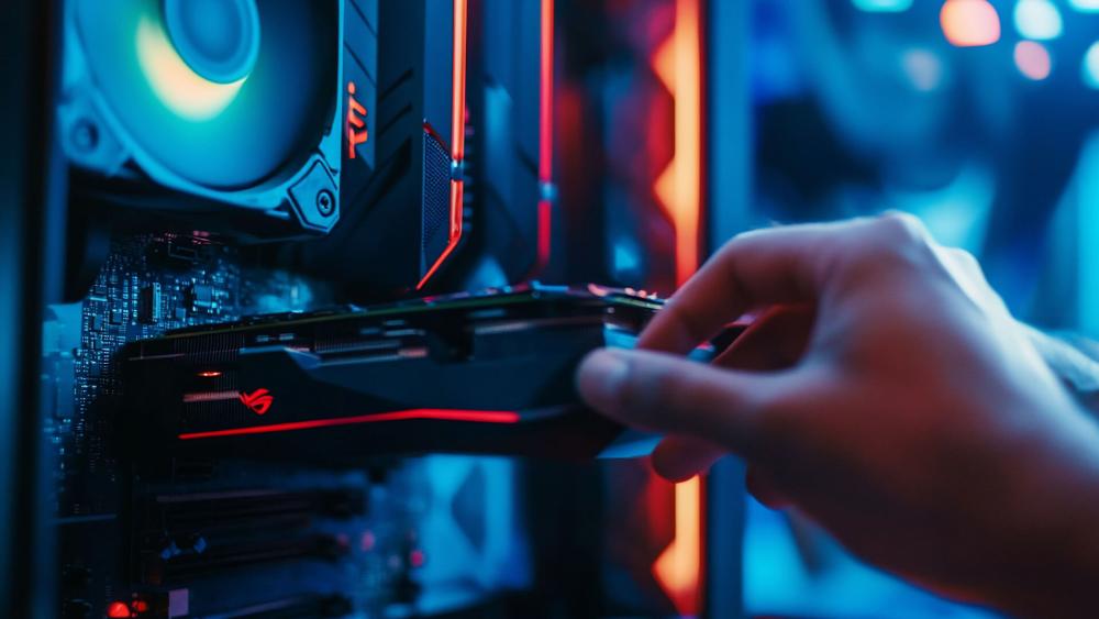 A Guy installing a graphics card inside a custom gaming PC