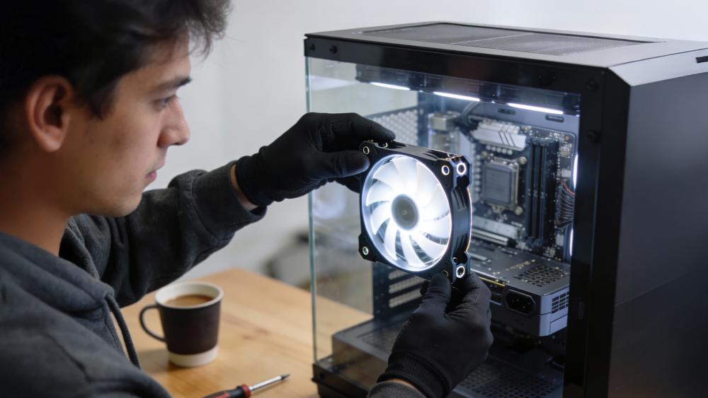 User installing a PC case fan to improve internal airflow and cooling efficiency