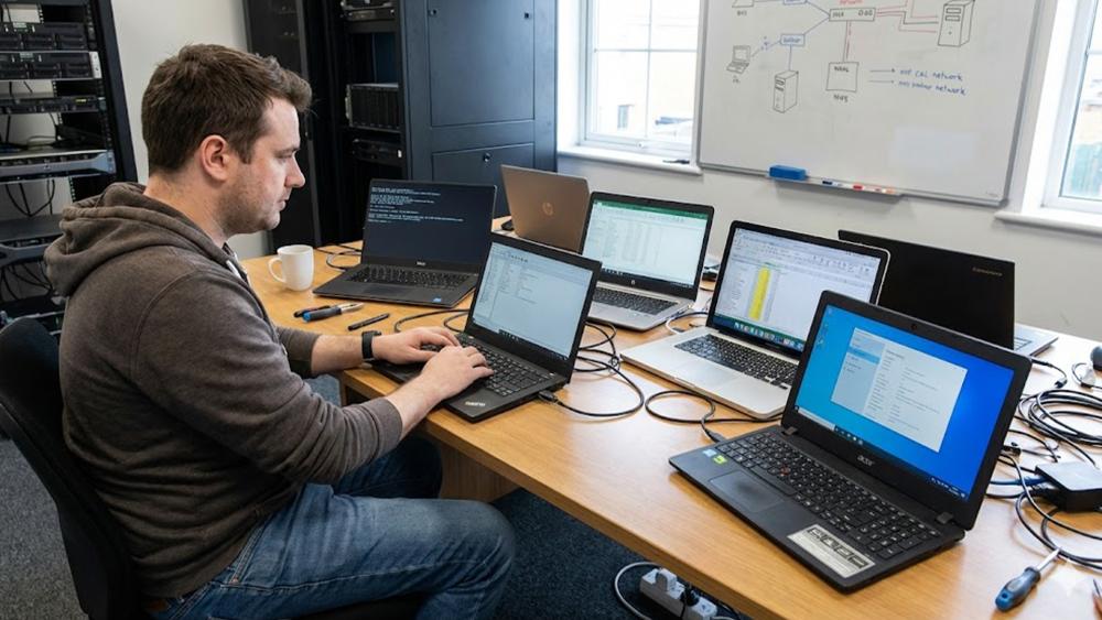 IT engineer testing multiple laptops and systems in a business server room office