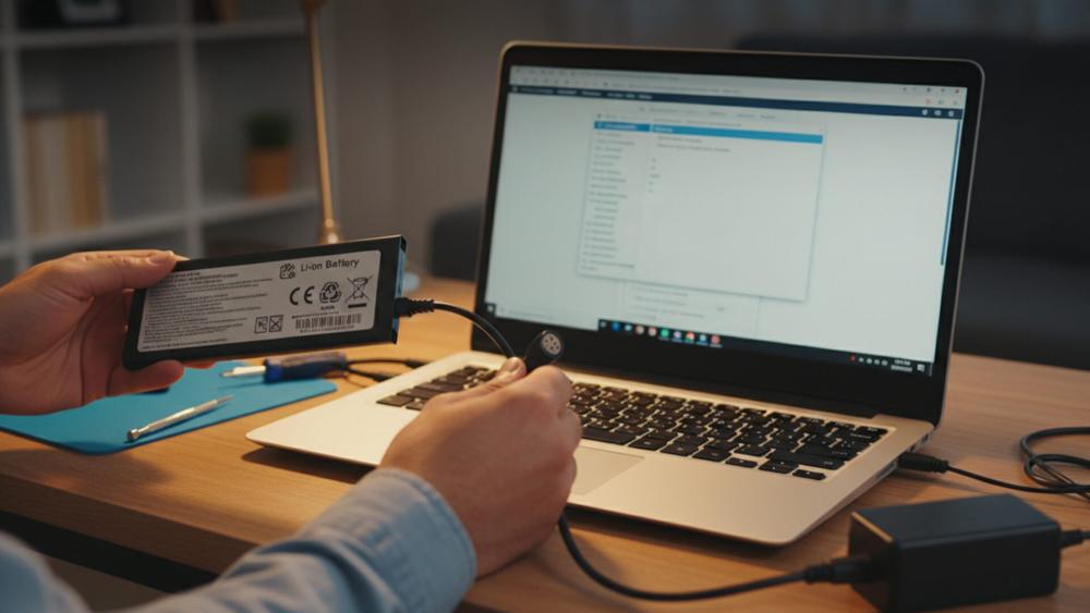 Person holding a laptop battery and connector cable next to an open laptop during battery replacement or diagnostics
