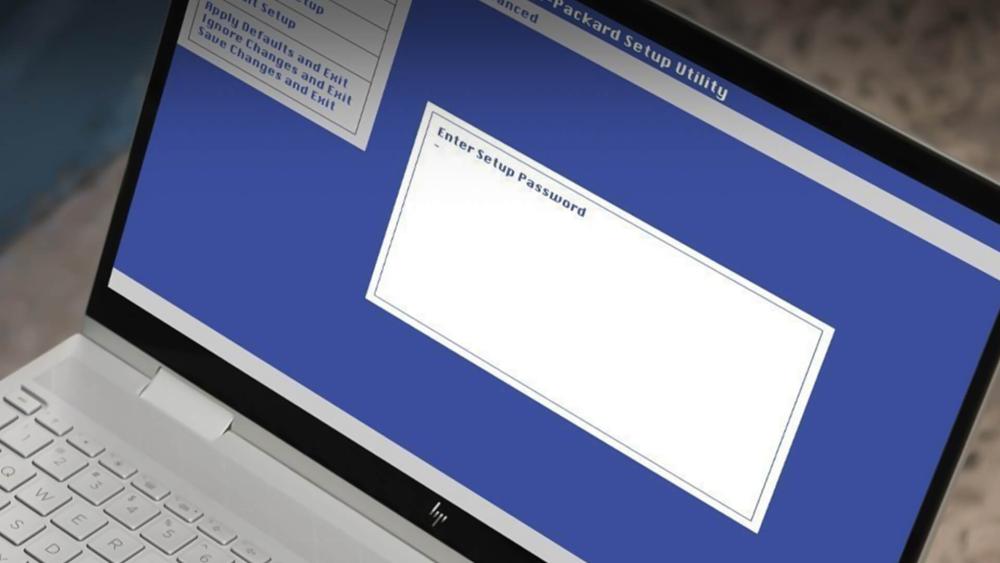 Laptop screen showing BIOS setup utility with a prompt to enter a setup password