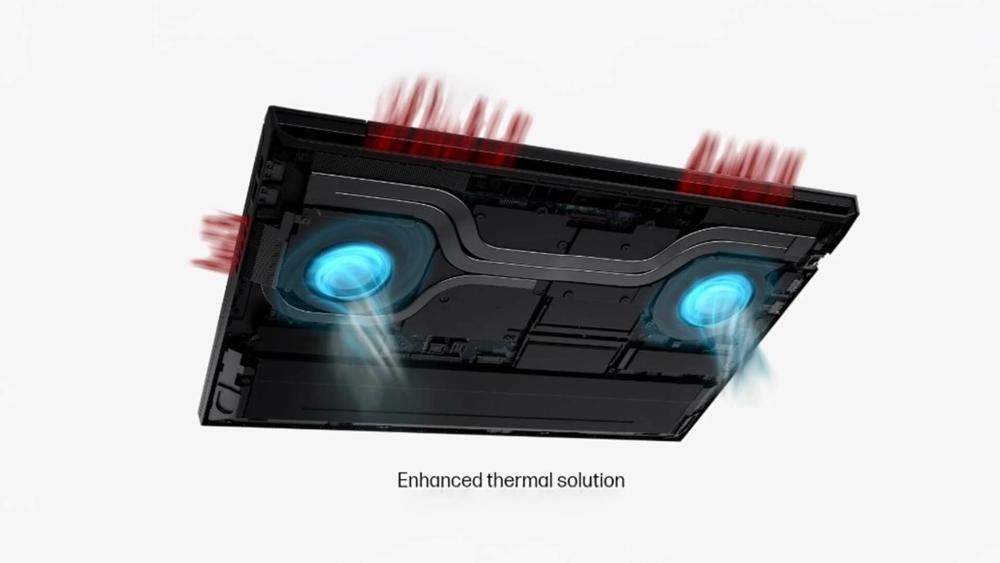 Laptop cooling system illustration showing dual fans and improved airflow for enhanced thermal performance.