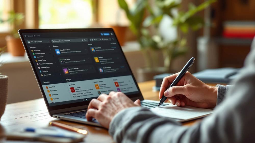 Person using a laptop to manage files while taking handwritten notes