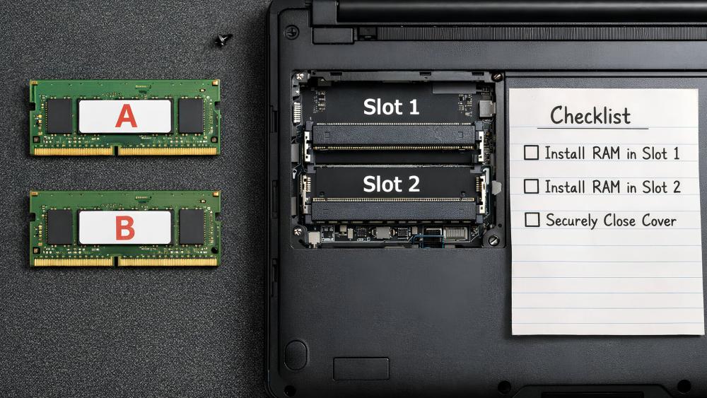 Checklist for installing RAM in laptop slots 1 and 2