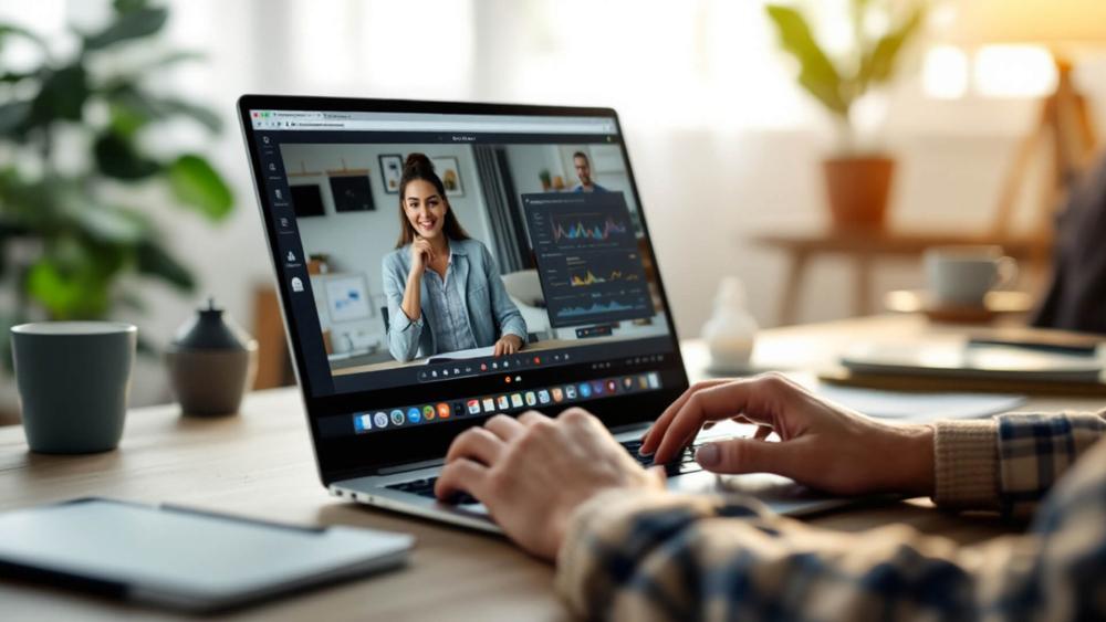 Laptop screen showing a video call and productivity dashboard