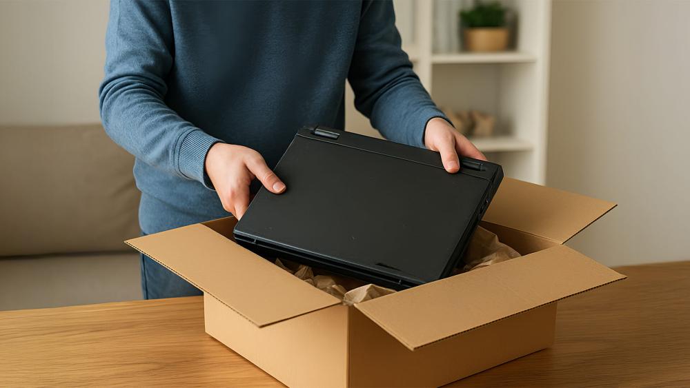 Unboxing a laptop from protective packaging