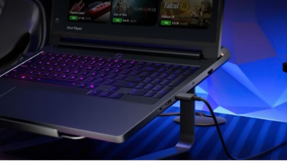 Laptop with RGB keyboard on stand