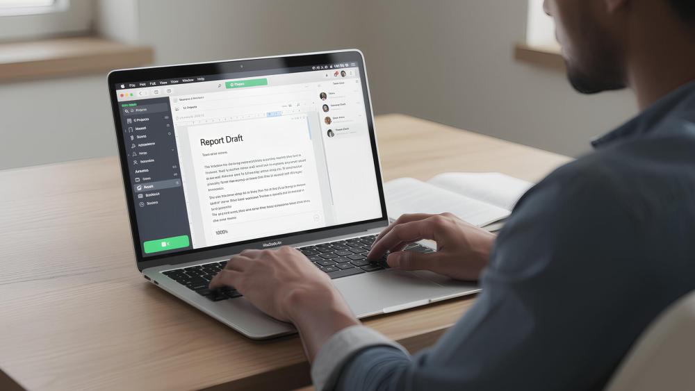 Person working on the latest MacBook Air while writing a report