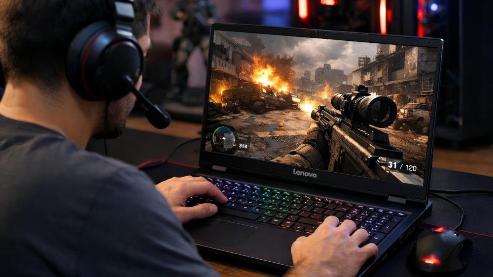 Gamer playing a first-person shooter on a Lenovo gaming laptop with RGB keyboard and headset in a gaming setup