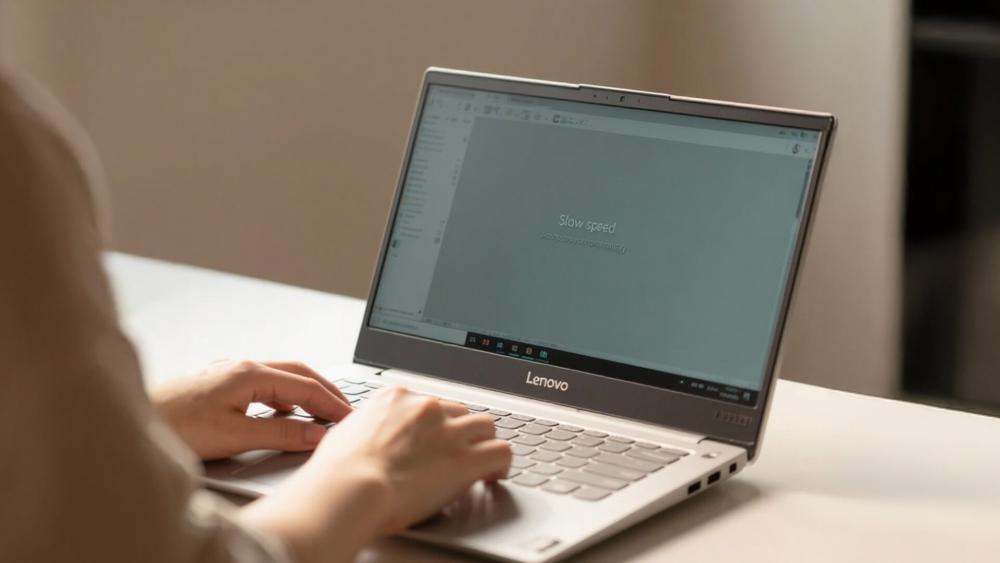 Person using a Lenovo laptop showing a “Slow speed” message on screen, highlighting performance issues and slow loading.