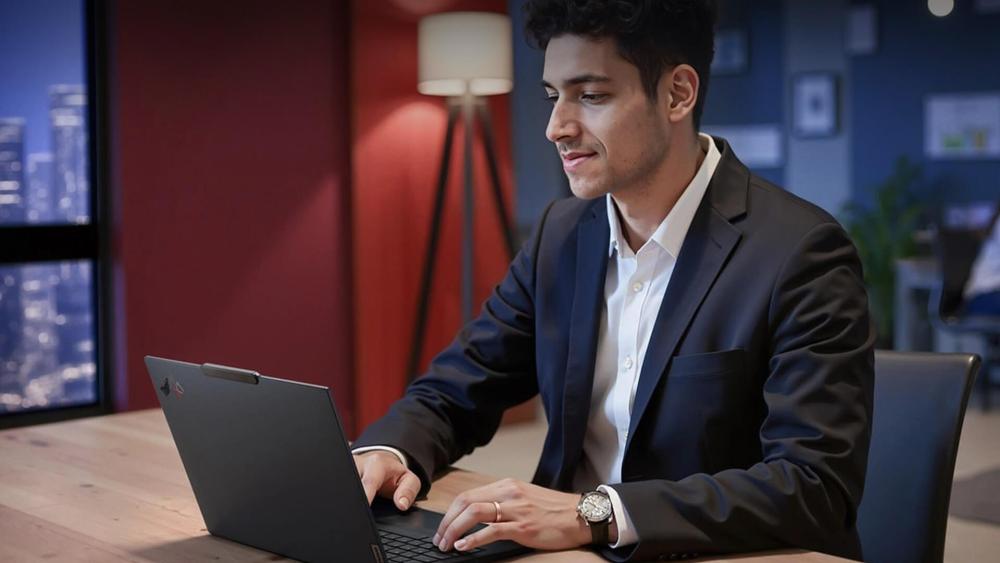 Professional working on a Lenovo Slim laptop in a modern office setting