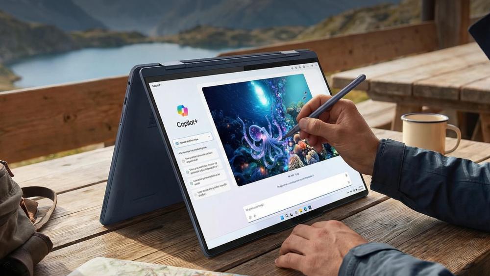 User using a Lenovo Yoga 2-in-1 laptop in tent mode with stylus outdoors