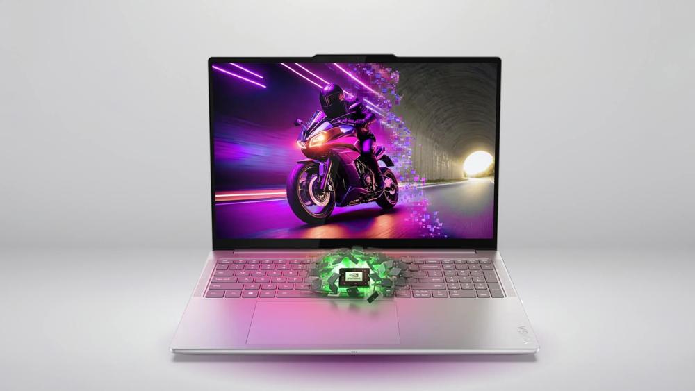 Lenovo Yoga laptop showcasing AI-powered processor and high-performance gaming visuals on display